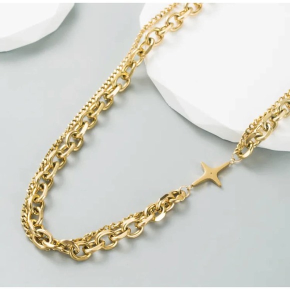 Gold Stainless Steel Star Necklace  Chunky Chain Layered Statement Jewelry - Picture 1 of 5
